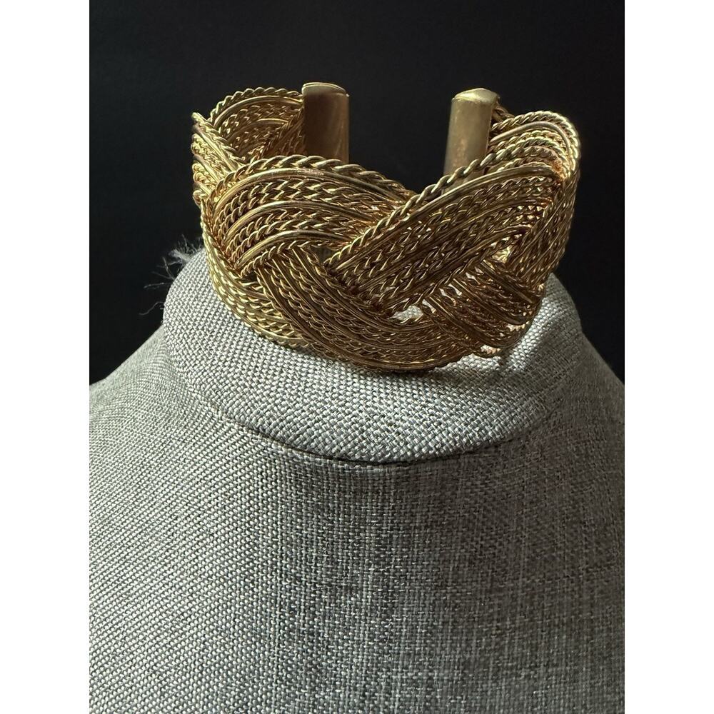 Braided Textured Metal Cuff Bracelet Gold Tone Wide Chunky Statement 7”